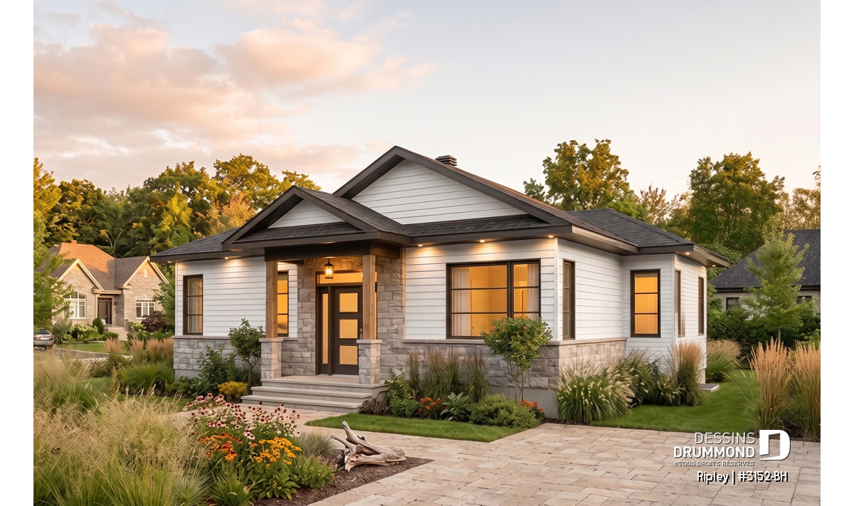 Maison moderne compacte 2 chambres avec sous-sol aménageable modèle Ripley 3152 BH pouvant être construite autour de 250000 dollars en auto construction