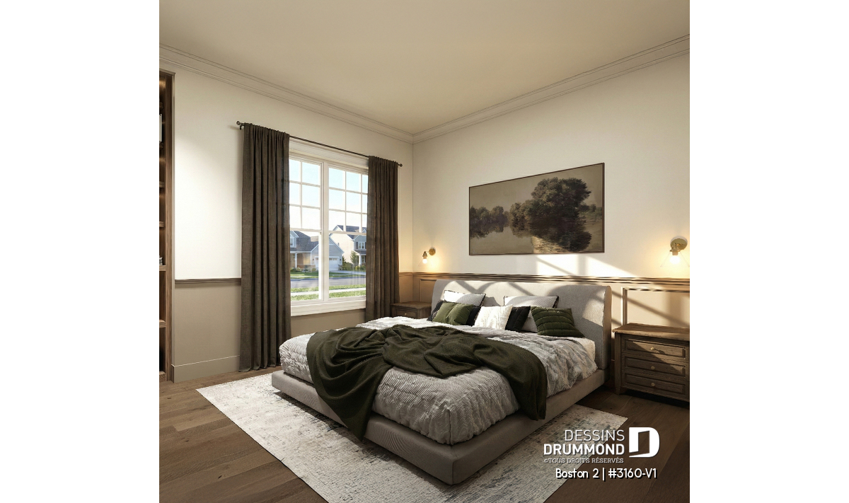 Chambre principale du plan de plain-pied avec garage Boston 2 (#3160-V1) avec décoration chaleureuse et ambiance haut de gamme