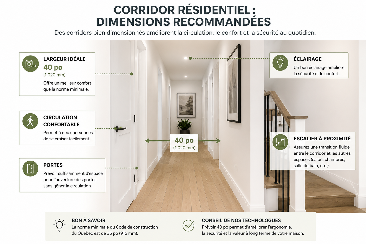 Schéma illustrant la largeur recommandée d'un corridor résidentiel de 40 pouces pour améliorer la circulation, le confort et l'accessibilité dans une maison.