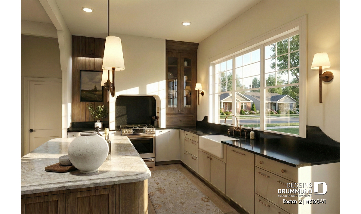 Cuisine lumineuse du plan de plain-pied avec garage Boston 2 (#3160-V1) avec îlot en bois, grandes fenêtres et décoration haut de gamme