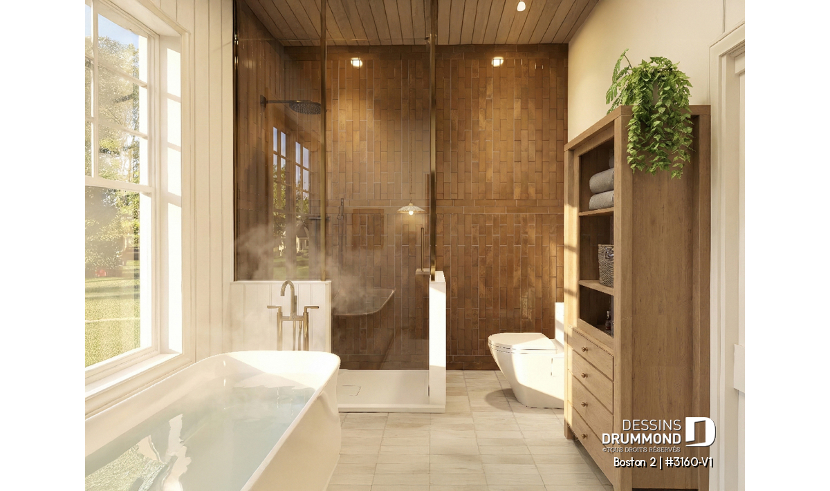 Salle de bain du plan de plain-pied avec garage Boston 2 (#3160-V1) avec douche italienne vitrée et bain autoportant