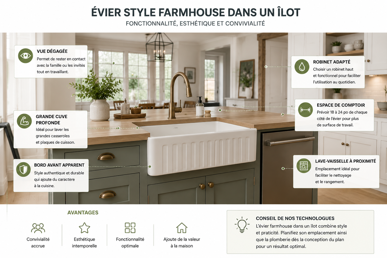 Îlot de cuisine avec évier farmhouse illustrant les bonnes pratiques d'aménagement, l'espace de comptoir recommandé et l'emplacement idéal du lave-vaisselle.