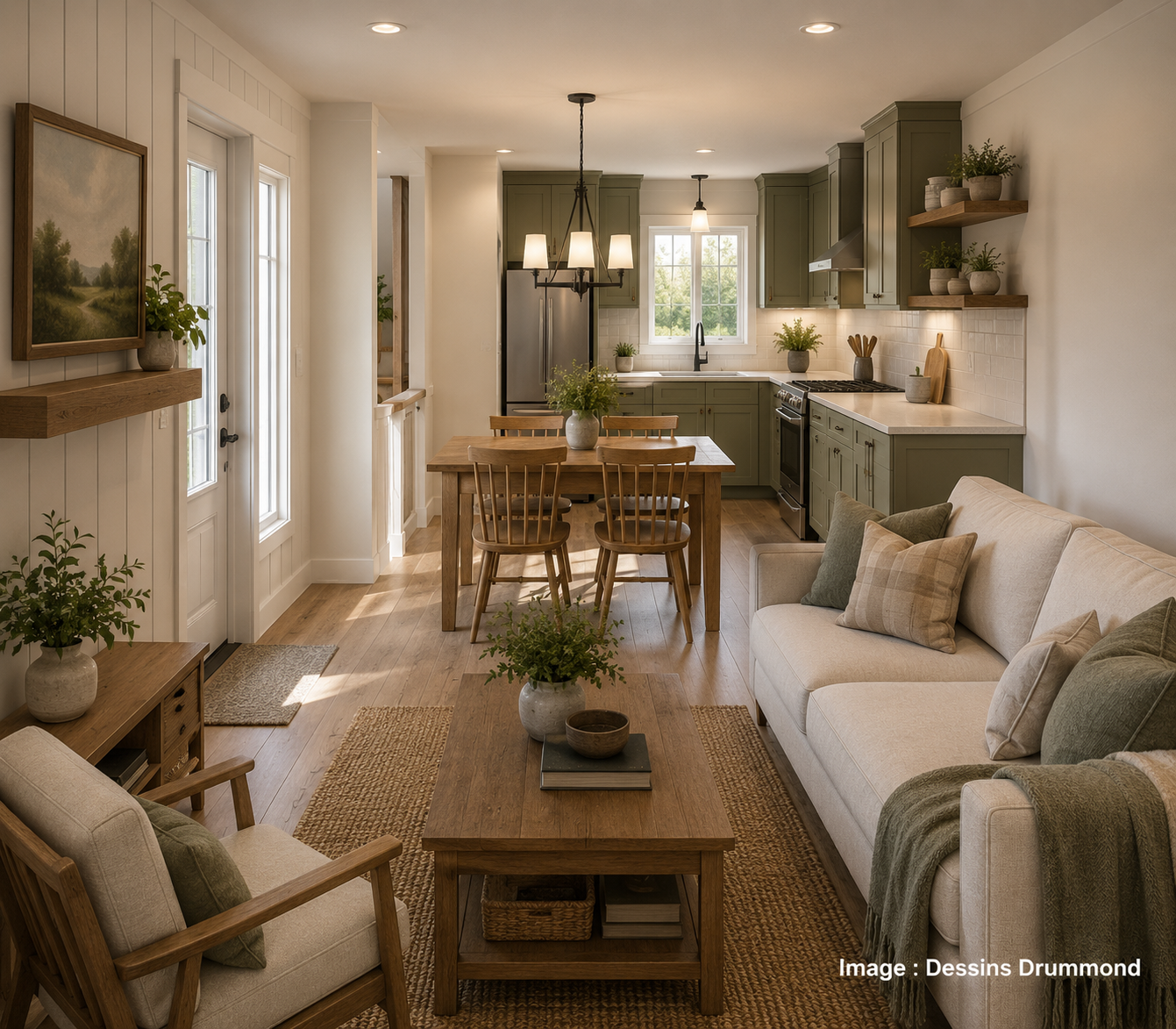 Intérieur farmhouse chaleureux d’une petite maison rectangulaire économique avec plafond de 8 pieds et aire ouverte lumineuse