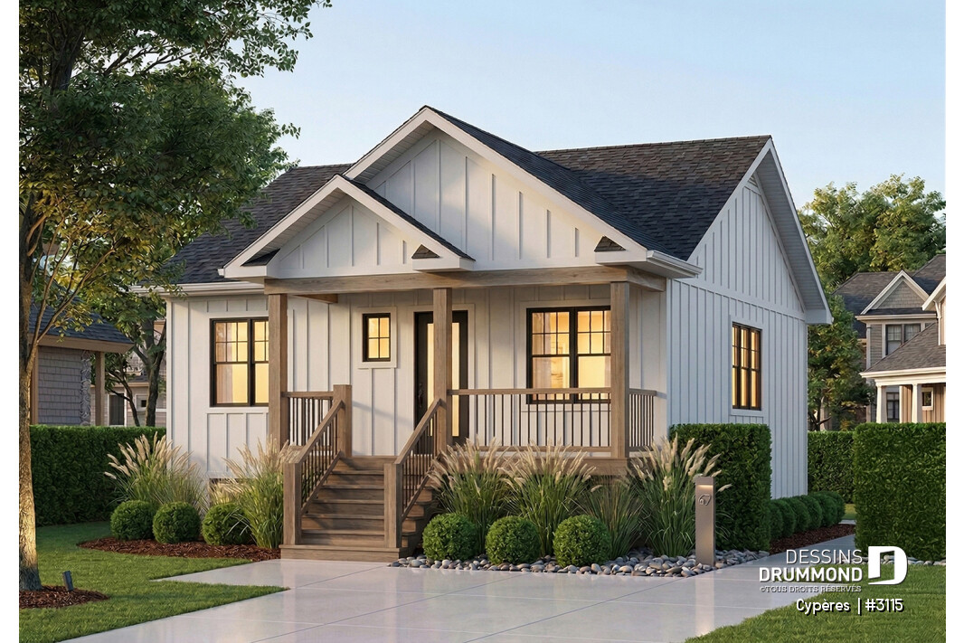 Maison farmhouse compacte 2 chambres avec aire ouverte et sous-sol aménageable, modèle Cypères 3115 adapté à un budget de 250000 dollars Dessins Drummond