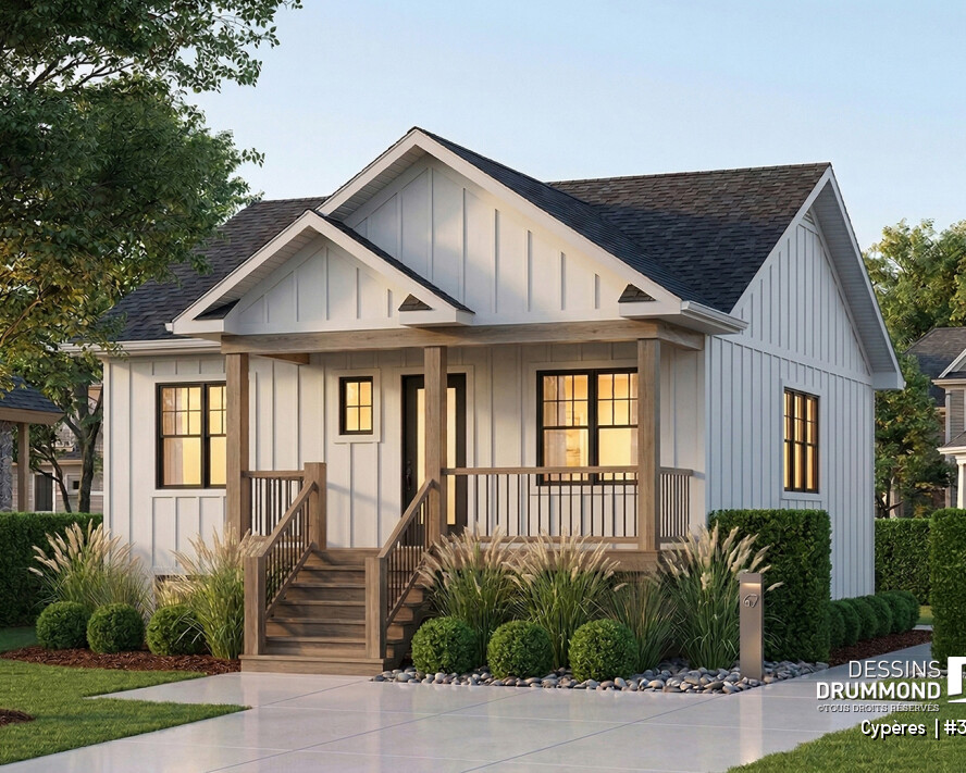 Maison farmhouse compacte 2 chambres avec aire ouverte et sous-sol aménageable, modèle Cypères 3115 adapté à un budget de 250000 dollars Dessins Drummond