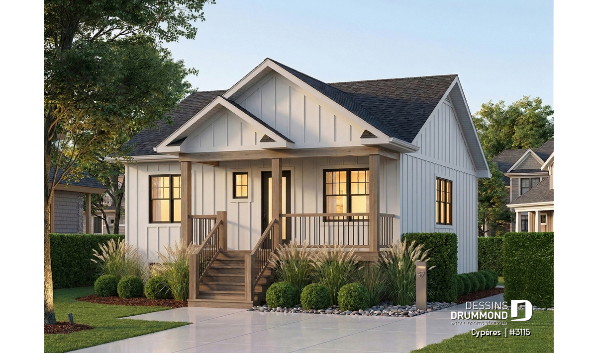 Maison farmhouse compacte 2 chambres avec aire ouverte et sous-sol aménageable, modèle Cypères 3115 adapté à un budget de 250000 dollars Dessins Drummond
