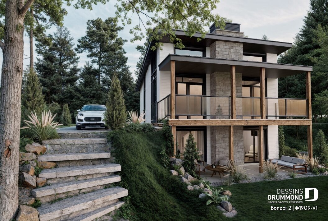 Maison chalet moderne rustique avec rez-de-jardin et grandes fenêtres conçue pour optimiser un budget de construction