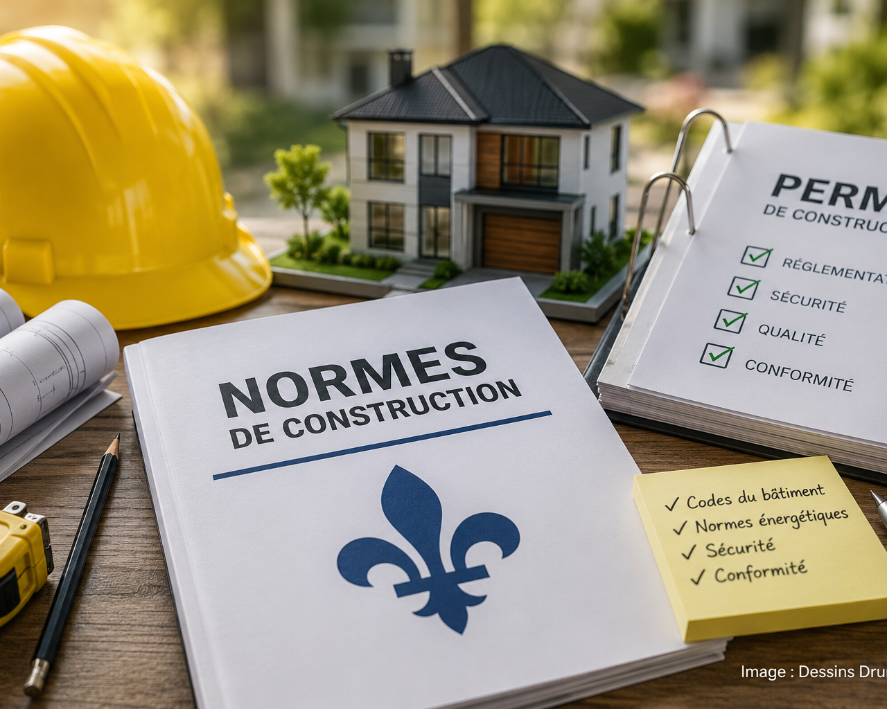 Normes de construction au Québec avec escalier moderne, îlot de cuisine et rangement résidentiel optimisé