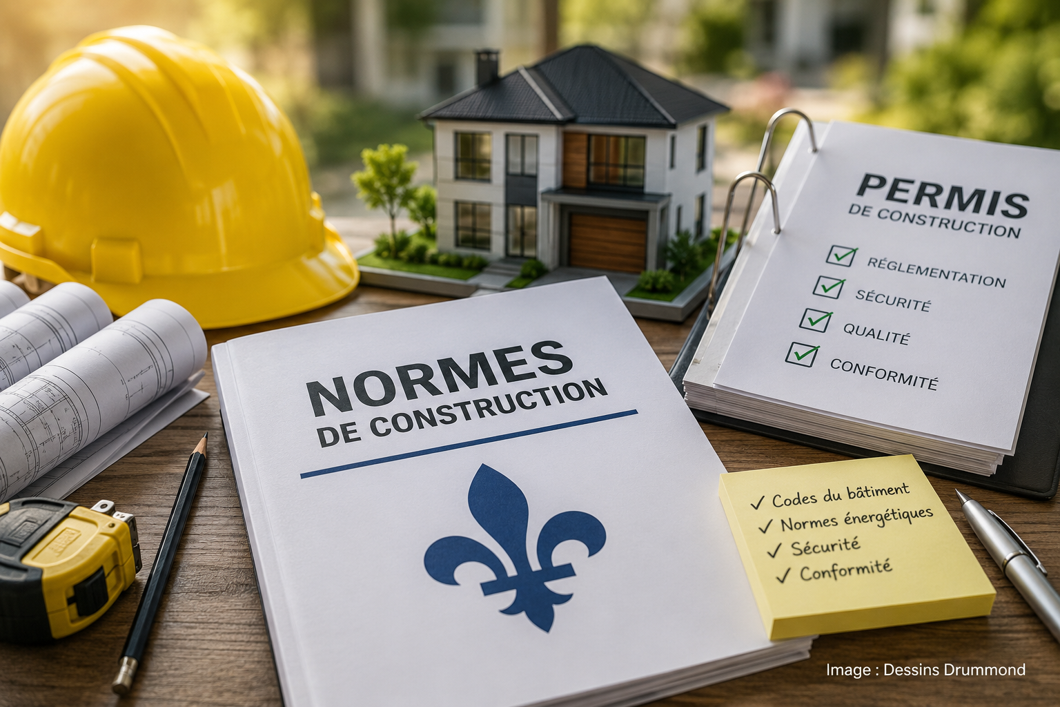Normes de construction au Québec avec escalier moderne, îlot de cuisine et rangement résidentiel optimisé