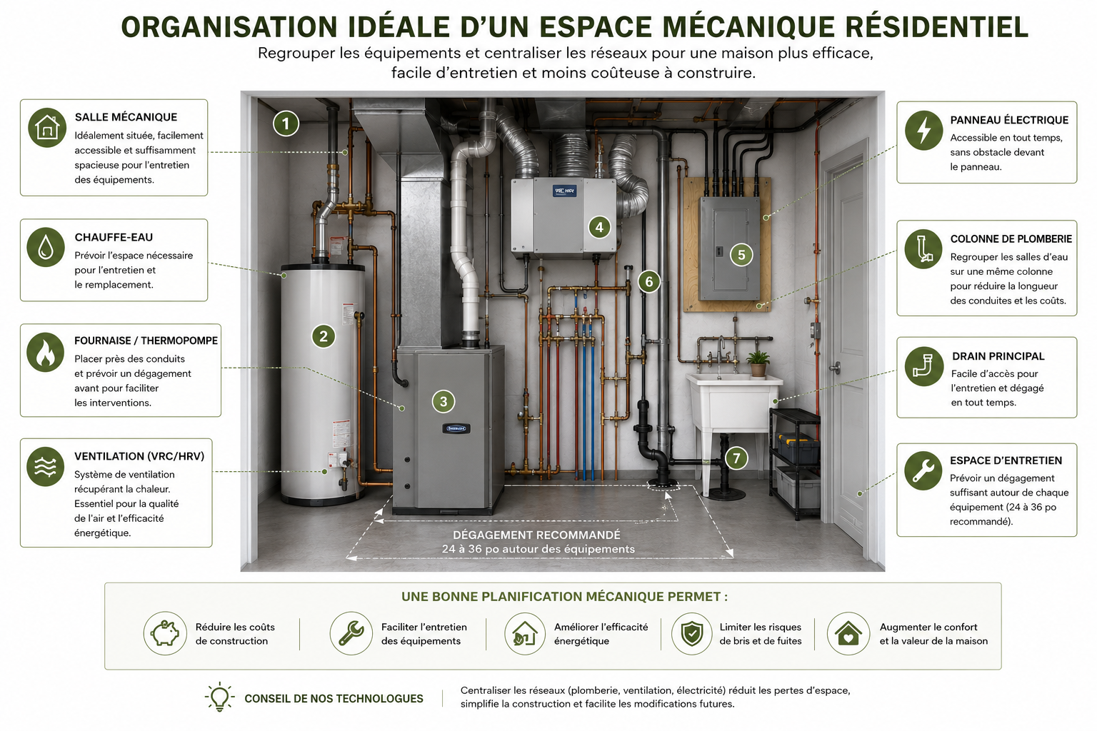 Schéma illustrant l'organisation idéale d'un espace mécanique résidentiel avec salle mécanique, chauffe-eau, panneau électrique, ventilation, plomberie et dégagements recommandés pour faciliter l'entretien.