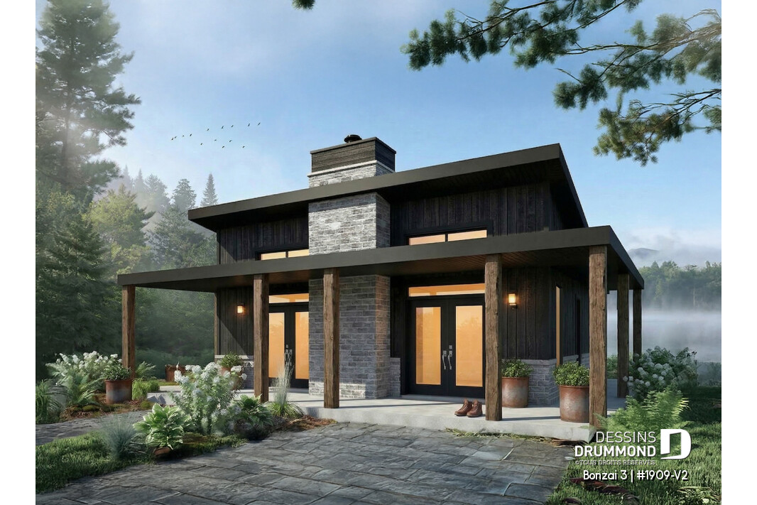 Petit chalet moderne Bonzaï 3 avec galerie couverte sur deux faces, foyer central et design contemporain abordable