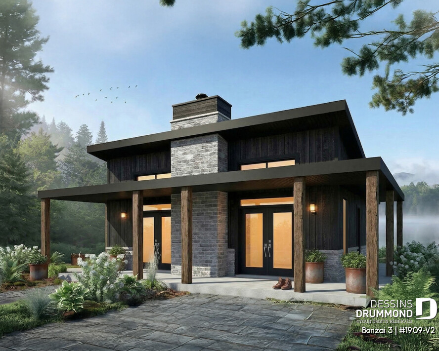 Petit chalet moderne Bonzaï 3 avec galerie couverte sur deux faces, foyer central et design contemporain abordable