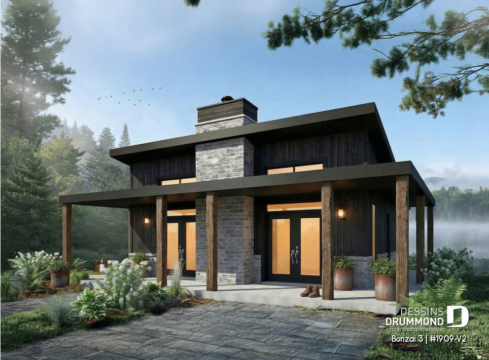 Petit chalet moderne Bonzaï 3 avec 2 chambres, foyer et aire ouverte