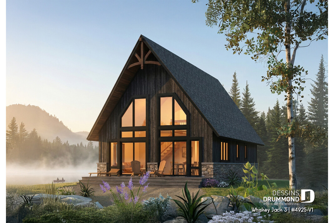 Plan de chalet rustique lumineux Whiskey Jack 3 4925-V1 avec mezzanine 3 chambres grande fenestration et revêtement bois en nature