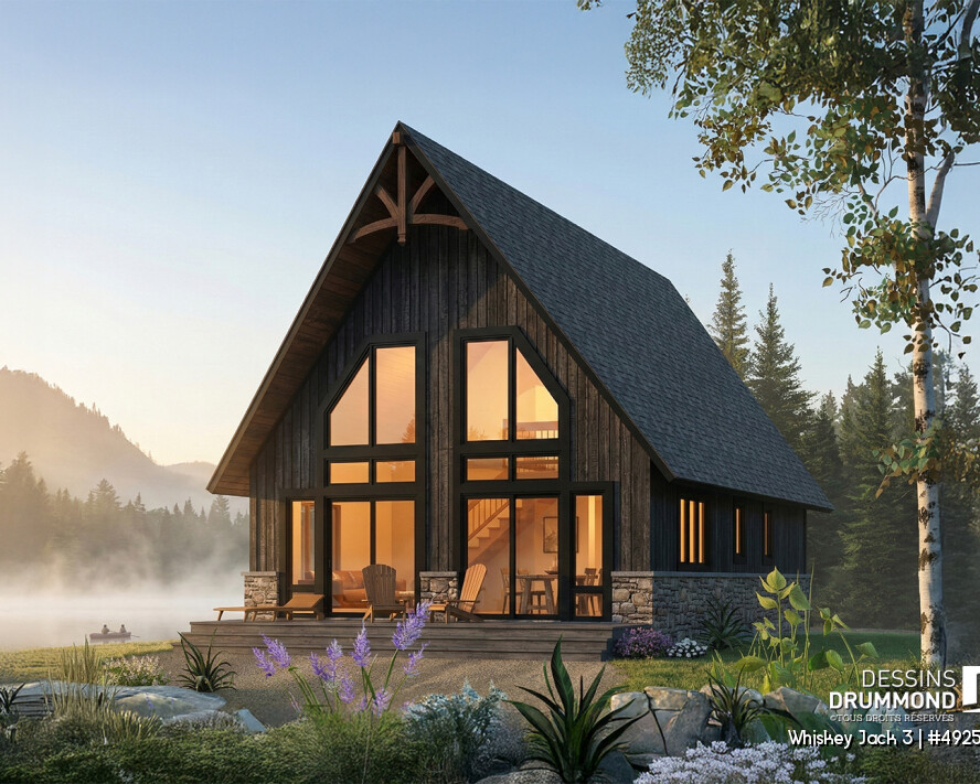 Plan de chalet rustique lumineux Whiskey Jack 3 4925-V1 avec mezzanine 3 chambres grande fenestration et revêtement bois en nature