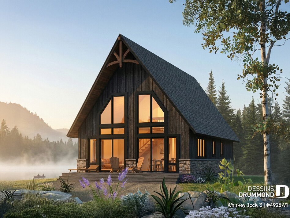 Plan de chalet rustique lumineux Whiskey Jack 3 4925-V1 avec mezzanine 3 chambres grande fenestration et revêtement bois en nature