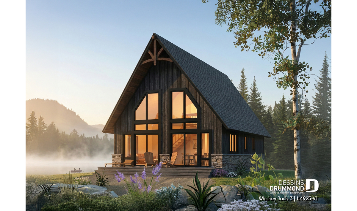 Plan de chalet rustique lumineux avec mezzanine et grande fenestration Whiskey Jack 3 Drummond House Plans