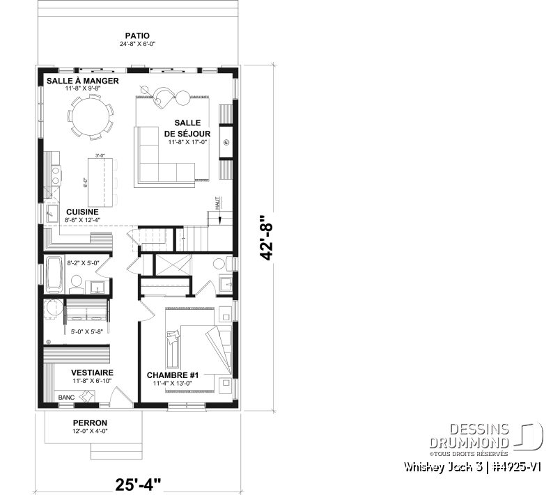 Plan de rez-de-chaussée du chalet Whiskey Jack 3 avec chambre principale, cuisine à îlot et aire ouverte