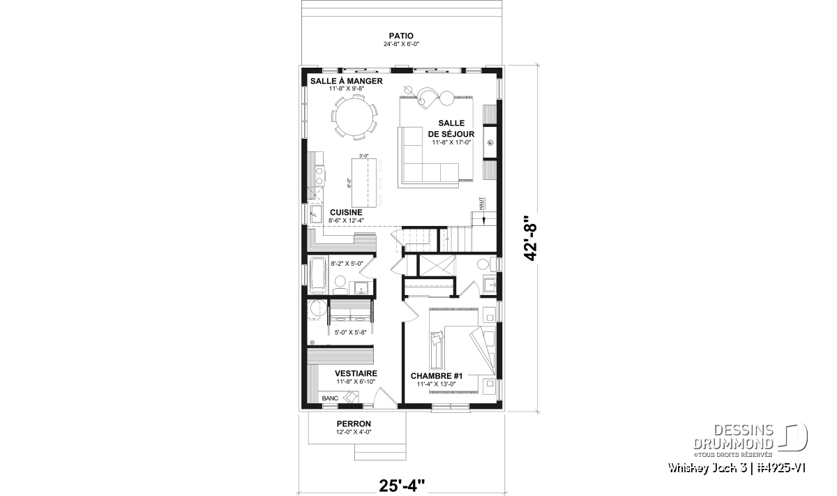 Plan de chalet rustique rez-de-chaussée Whiskey Jack 3 4925-V1 avec aire ouverte cuisine salle à manger et salon