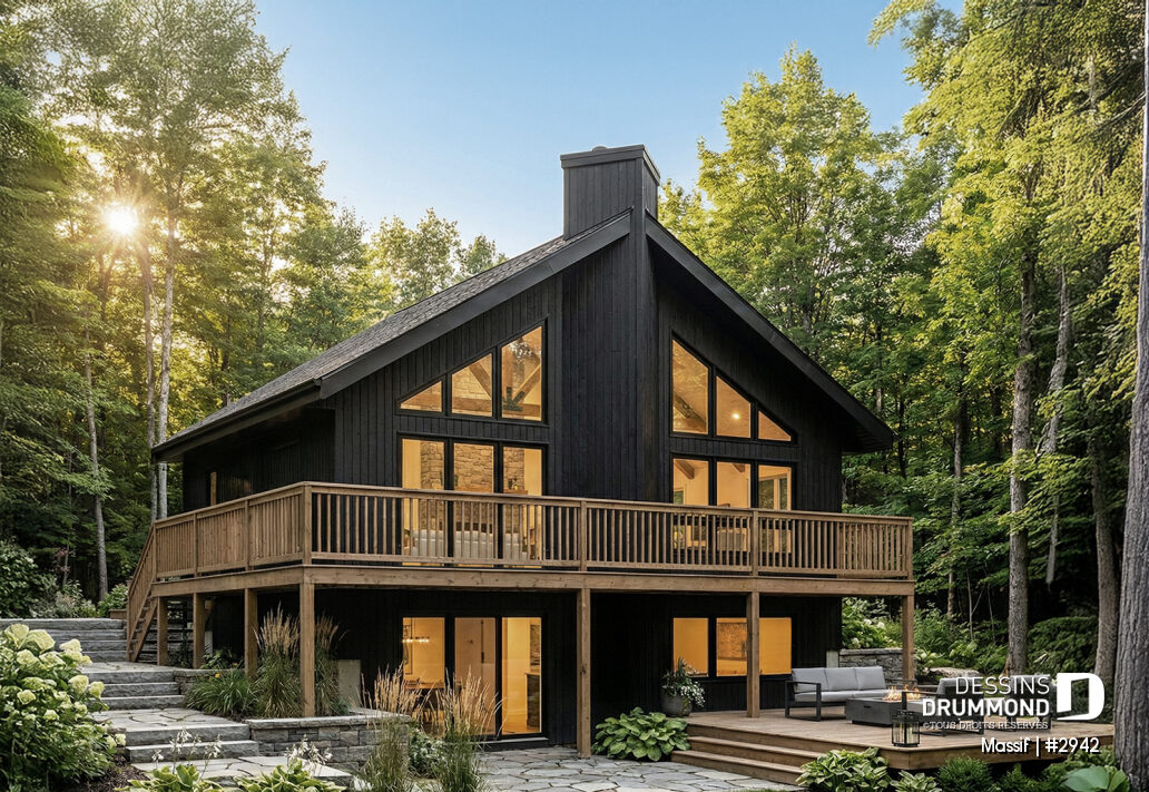 Plan de chalet rustique Massif 2942 avec rez-de-jardin 3 chambres aire ouverte cuisine et grande fenestration lumineuse