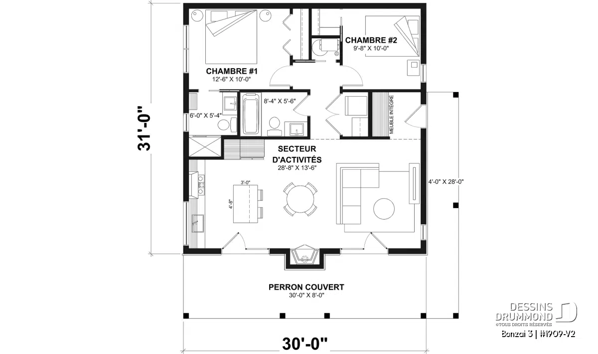 Plan de rez-de-chaussée Bonzaï 3 avec suite principale, aire ouverte, foyer central, 2 chambres et vestiaire