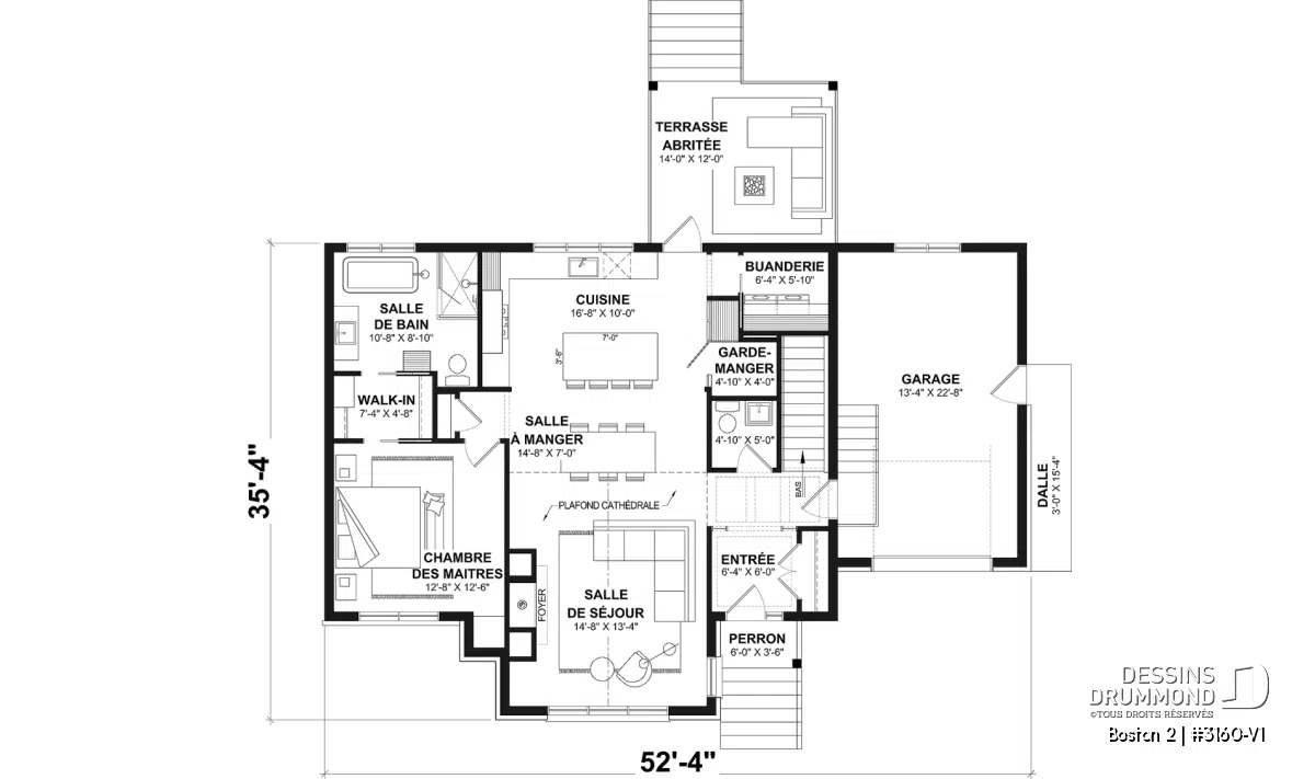 Plan du rez-de-chaussée du plan de plain-pied avec garage Boston 2 (#3160-V1) avec plafond cathédral et suite des maîtres