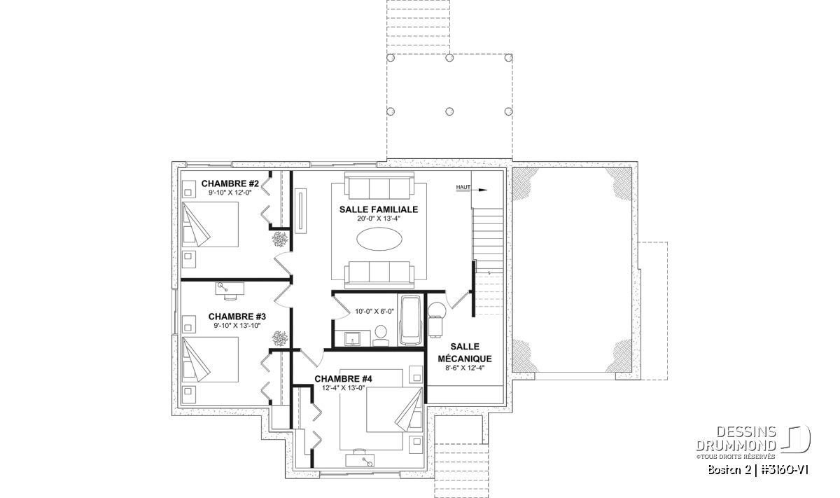 Plan du sous-sol aménagé du plan de plain-pied avec garage Boston 2 (#3160-V1) avec 3 chambres et salle familiale