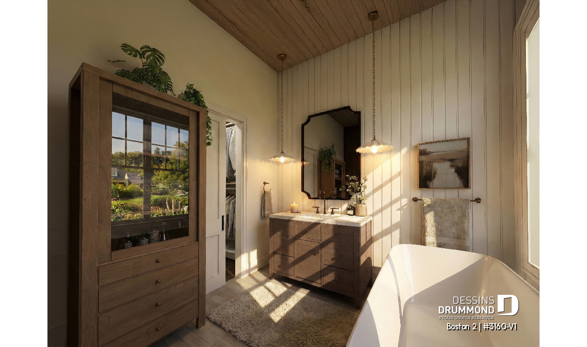 Salle de bain élégante du plan de plain-pied avec garage Boston 2 (#3160-V1) avec bain autoportant et mobilier en bois chaleureux