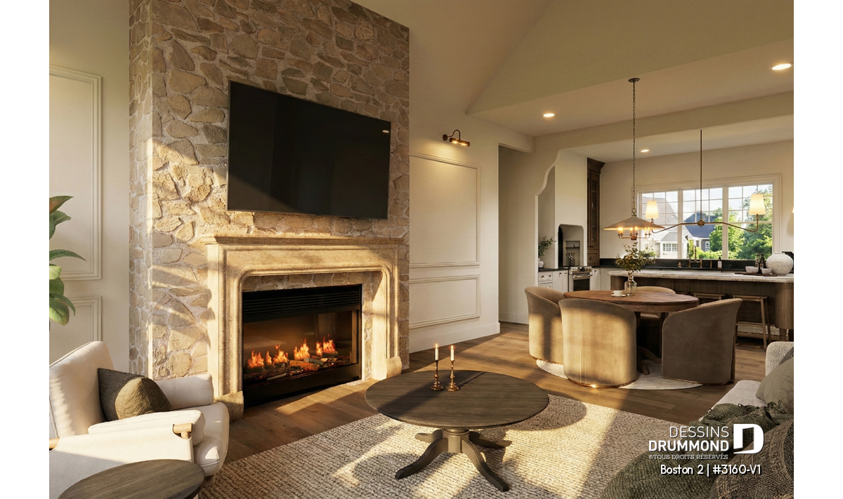 Salon avec foyer de pierre et vue sur la cuisine du plan de plain-pied avec garage Boston 2 (#3160-V1)