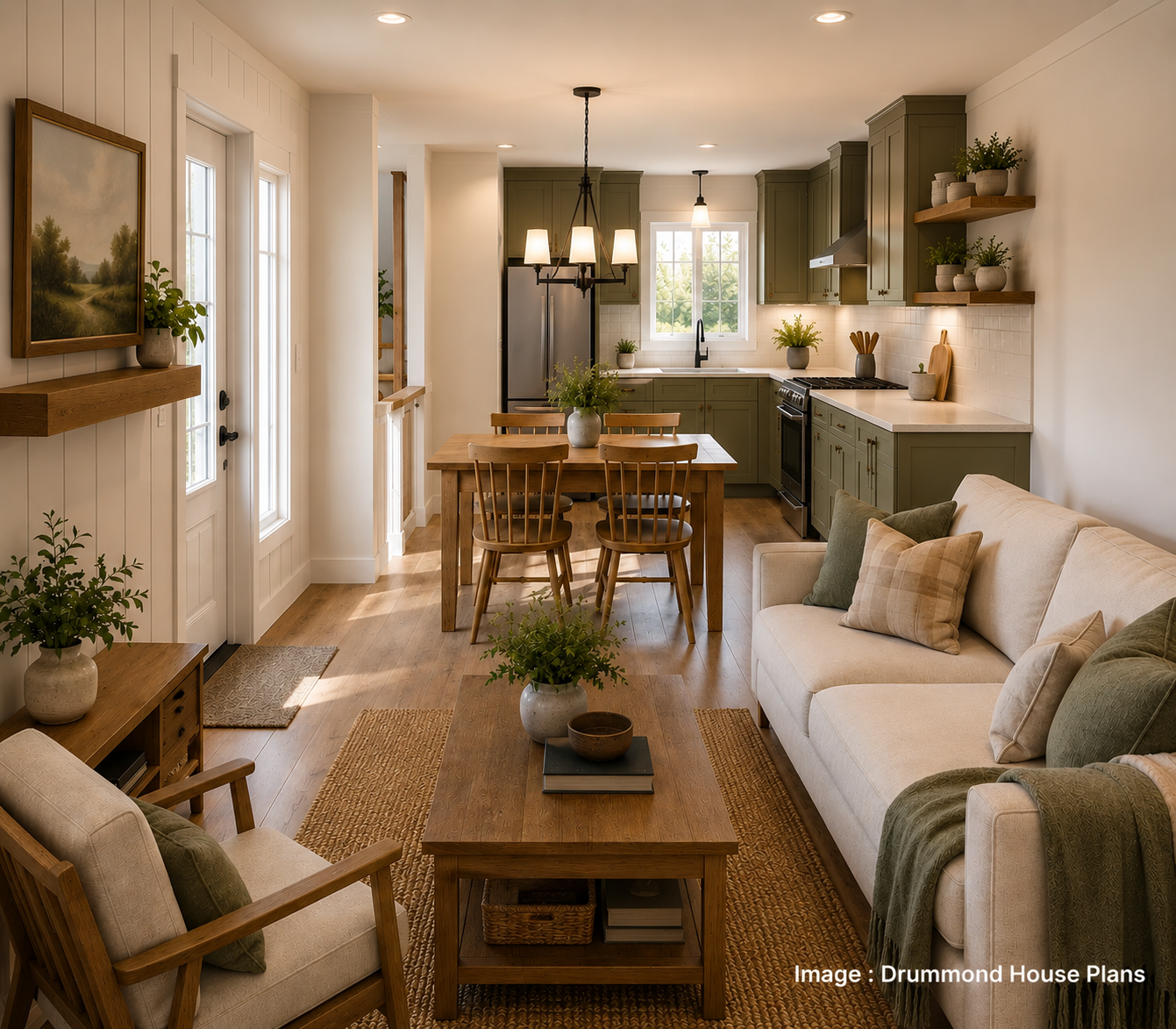 Bright small open-concept house interior with cozy farmhouse living room, dining space and green kitchen cabinets