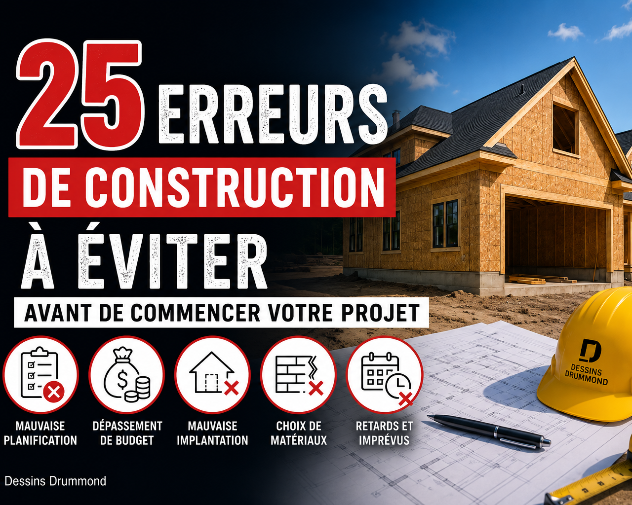 Infographie présentant les 25 erreurs de construction les plus fréquentes à éviter avant de construire une maison, avec une résidence en chantier en arrière-plan.