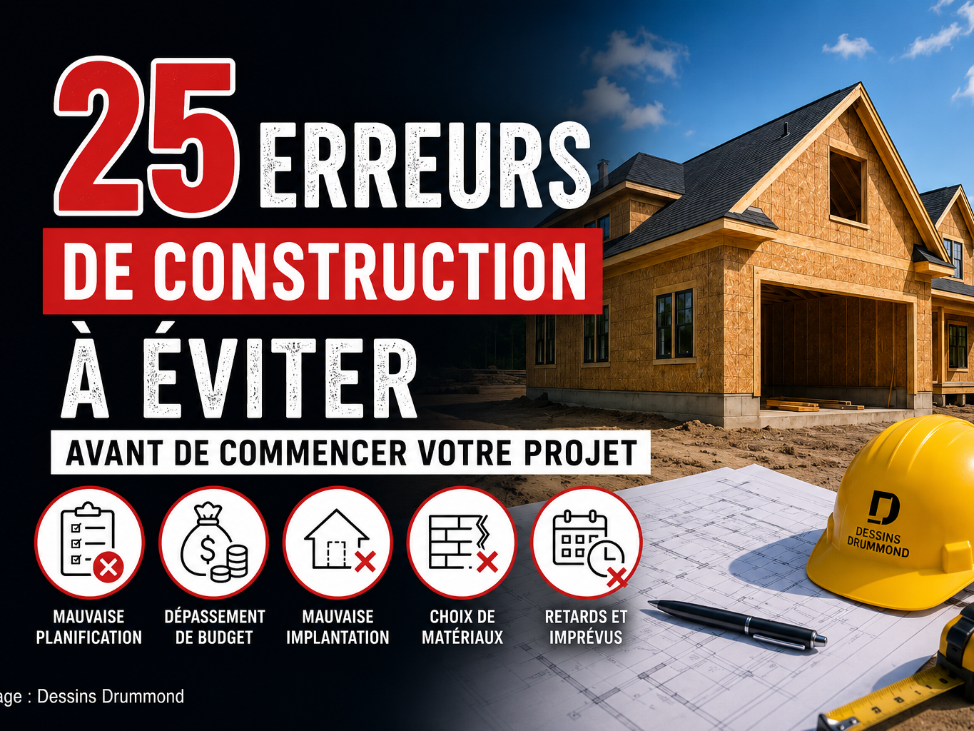 Infographie présentant les 25 erreurs de construction les plus fréquentes à éviter avant de construire une maison, avec une résidence en chantier en arrière-plan.