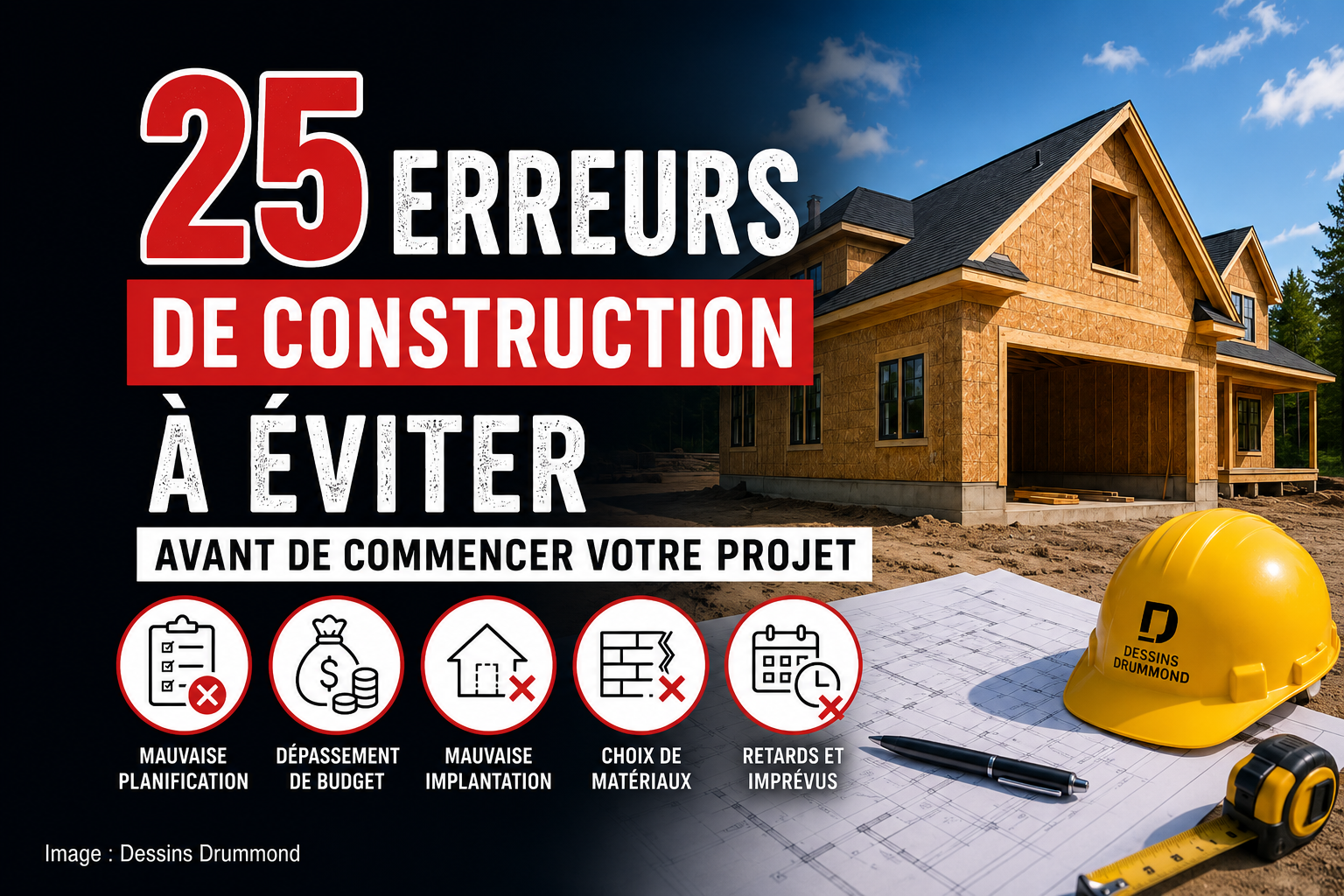 Infographie présentant les 25 erreurs de construction les plus fréquentes à éviter avant de construire une maison, avec une résidence en chantier en arrière-plan.