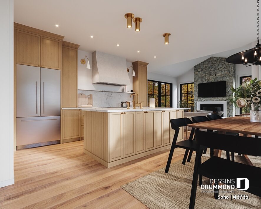 Cuisine du plan de maison Soho 3736 avec grand îlot central, nombreuses armoires et aire ouverte