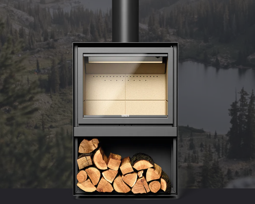 Poêle à bois STÛV S16-H intégré à un plan de chalet avec rez-de-jardin signé Dessins Drummond.