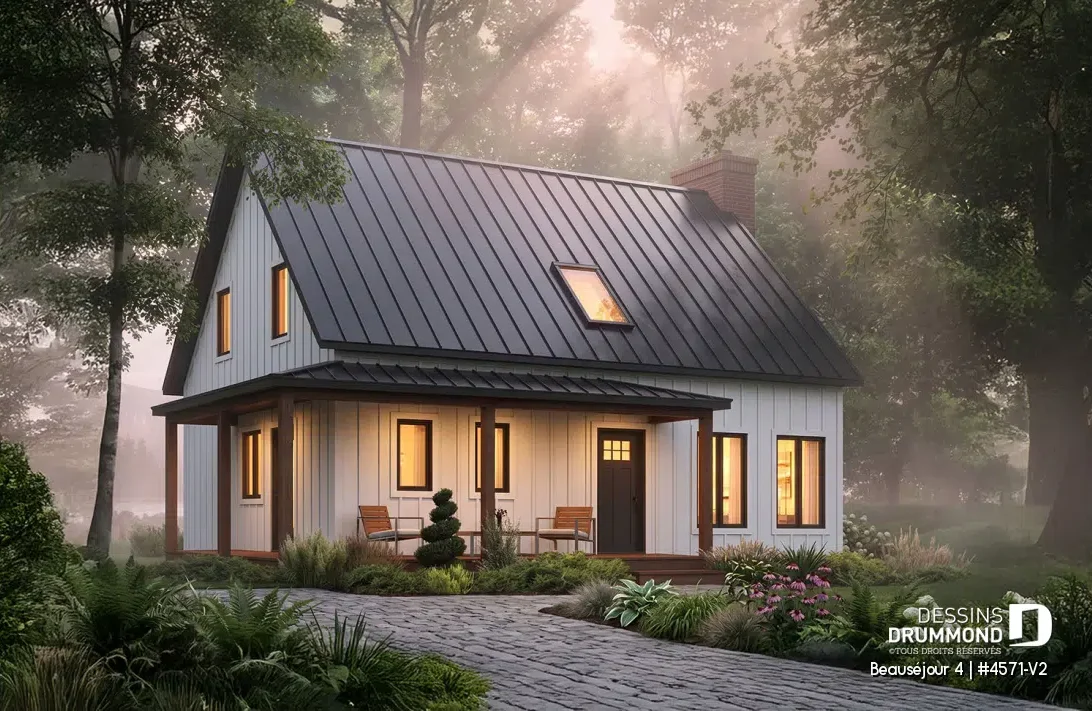 Maison de campagne Beauséjour 4 avec toiture noire, galerie couverte et environnement boisé