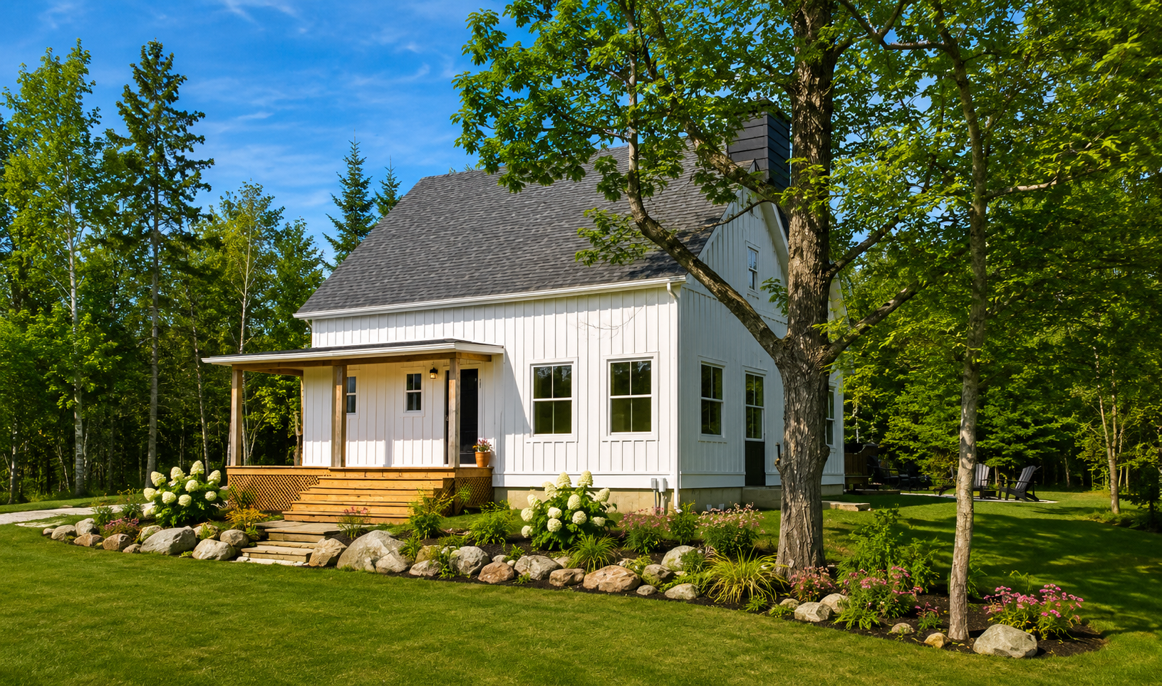 Maison de campagne québécoise entourée d'arbres avec galerie couverte et aménagement paysager naturel