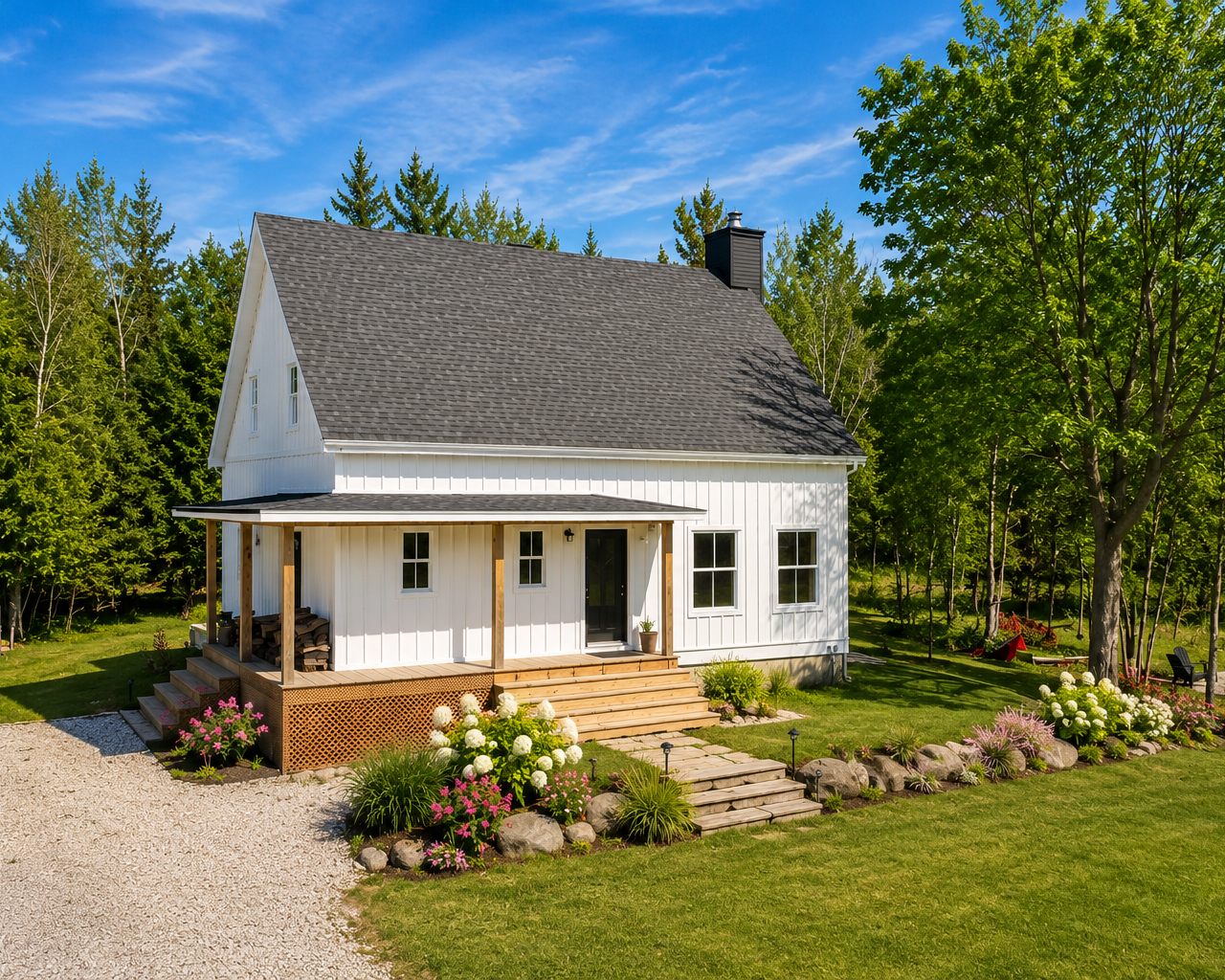 Maison de campagne Beauséjour 4 construite au Québec avec galerie couverte et terrain boisé