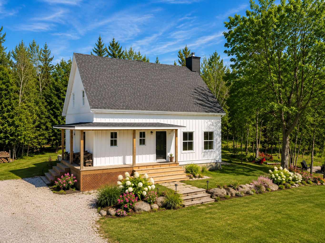 Maison de campagne Beauséjour 4 construite au Québec avec galerie couverte et terrain boisé