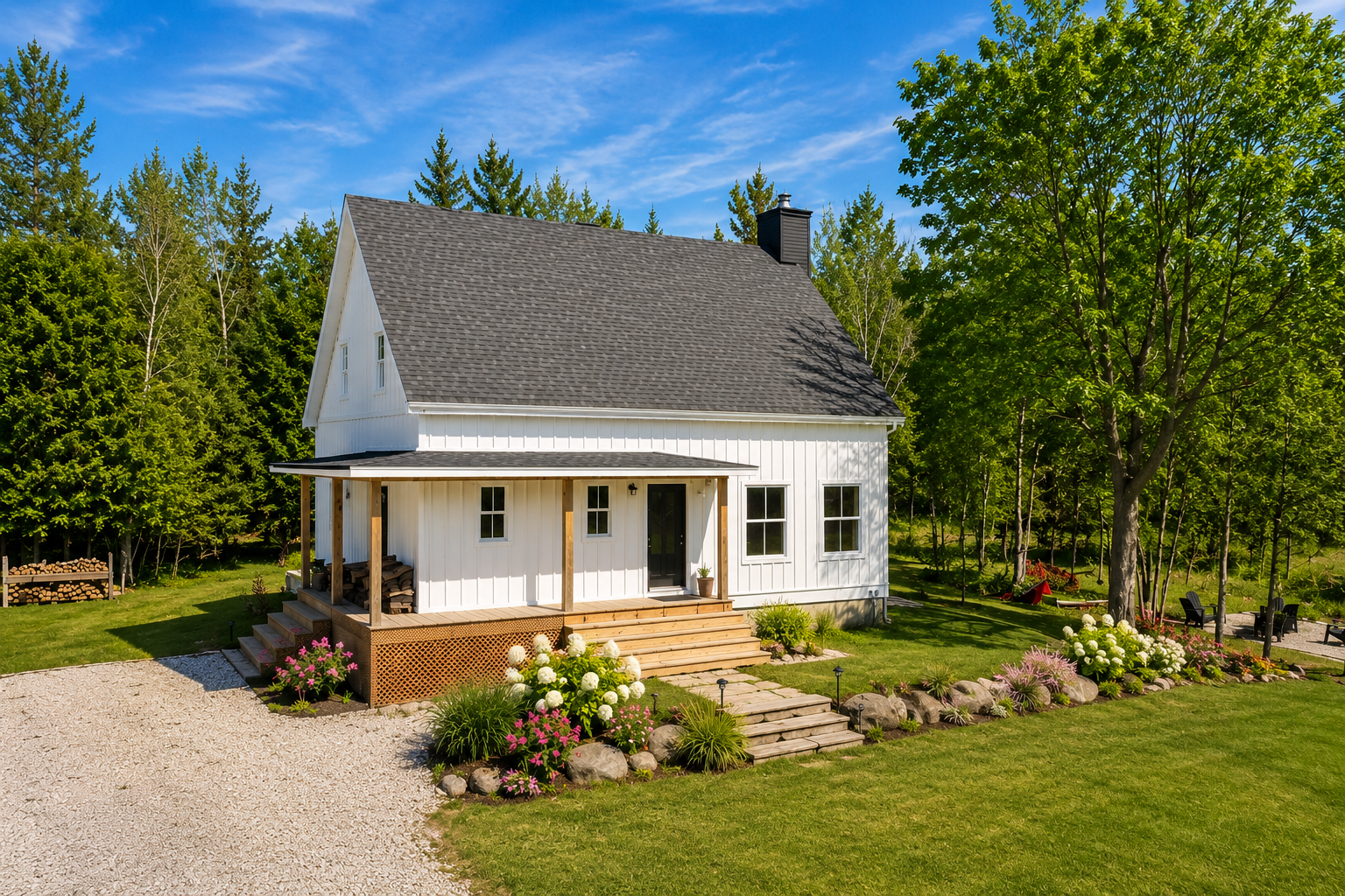 Maison de campagne Beauséjour 4 construite au Québec avec galerie couverte et terrain boisé