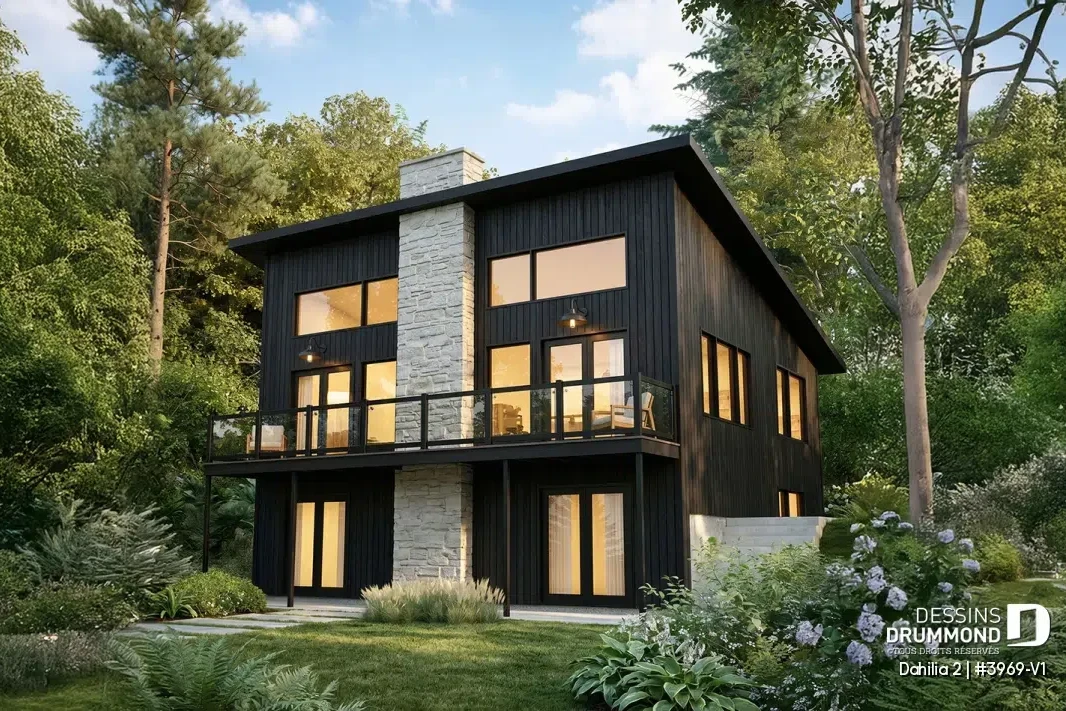 Plan de chalet avec rez-de-jardin Dahilia 2 (#3969-V1), un chalet rustique contemporain avec grande fenestration, balcon et revêtement noir, signé Dessins Drummond.