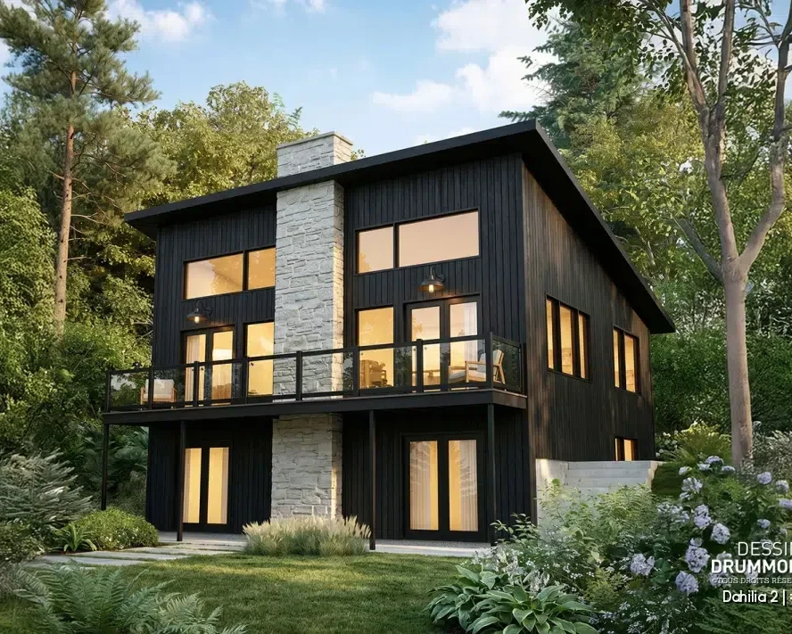 Plan de chalet avec rez-de-jardin Dahilia 2 (#3969-V1), un chalet rustique contemporain avec grande fenestration, balcon et revêtement noir, signé Dessins Drummond.