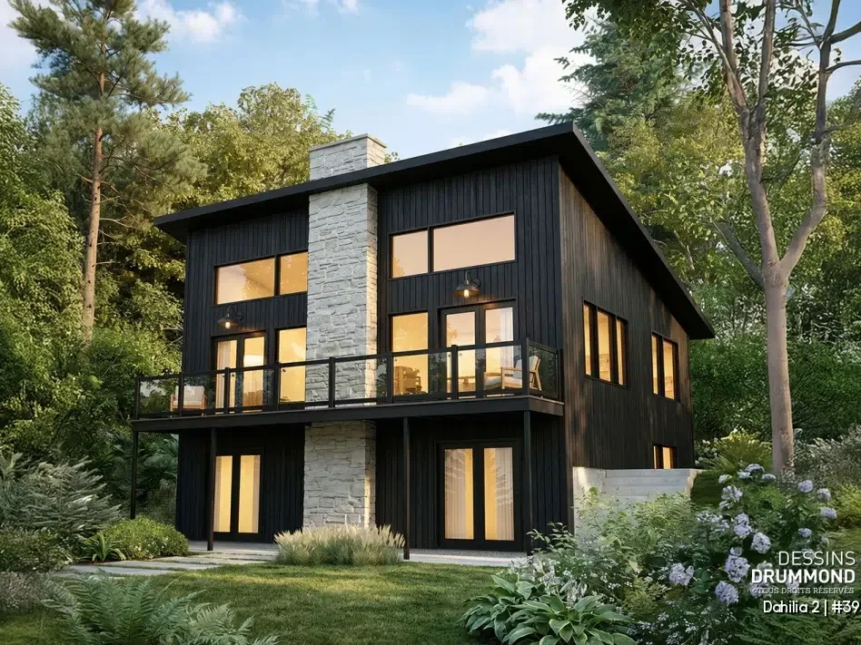 Plan de chalet avec rez-de-jardin Dahilia 2 (#3969-V1), un chalet rustique contemporain avec grande fenestration, balcon et revêtement noir, signé Dessins Drummond.