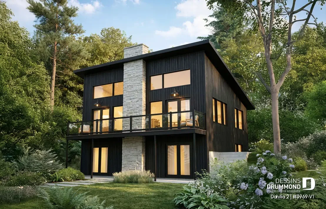 Plan de chalet avec rez-de-jardin Dahilia 2 (#3969-V1), un chalet rustique contemporain avec grande fenestration, balcon et revêtement noir, signé Dessins Drummond.
