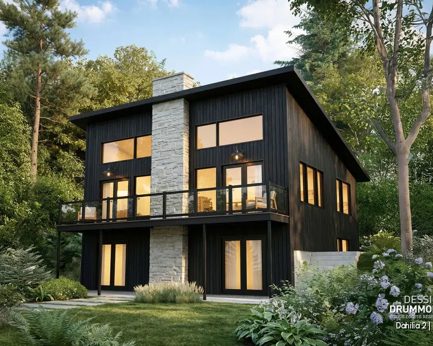 Plan de chalet avec rez-de-jardin Dahilia 2 (#3969-V1), un chalet rustique contemporain avec grande fenestration, balcon et revêtement noir, signé Dessins Drummond.