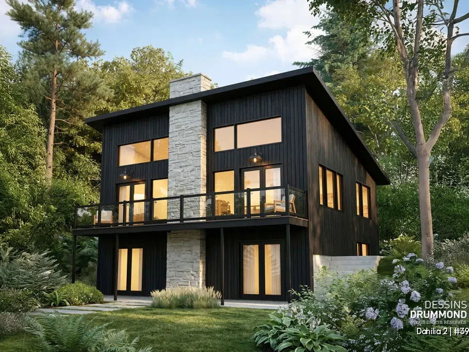 Plan de chalet avec rez-de-jardin Dahilia 2 (#3969-V1), un chalet rustique contemporain avec grande fenestration, balcon et revêtement noir, signé Dessins Drummond.