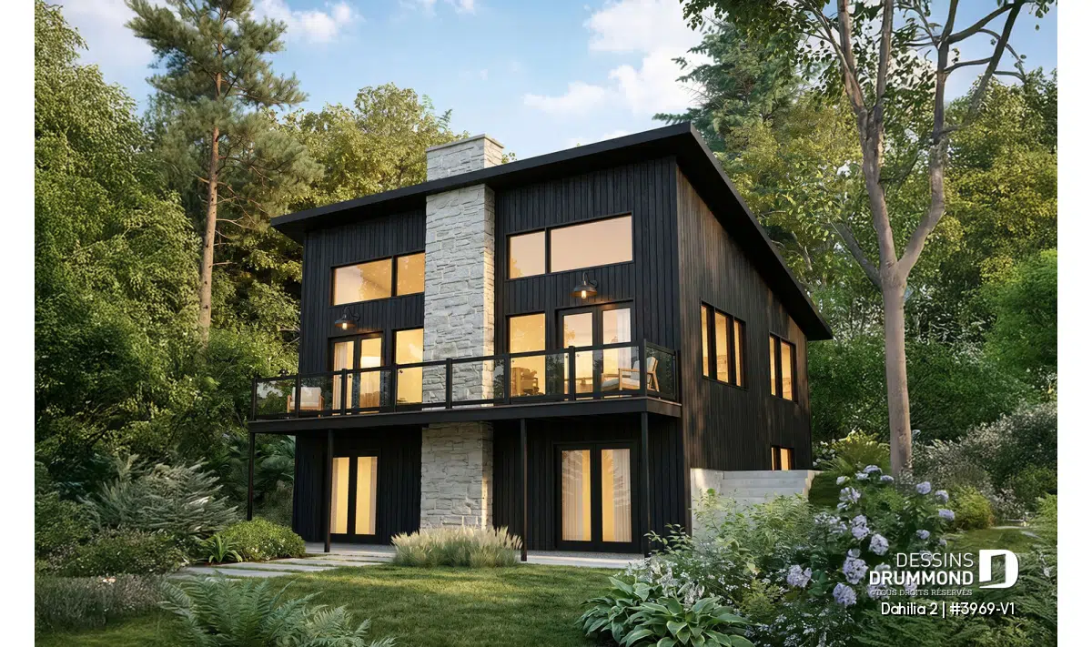 Plan de chalet avec rez-de-jardin Dahilia 2 (#3969-V1), un chalet rustique contemporain avec grande fenestration, balcon et revêtement noir, signé Dessins Drummond.