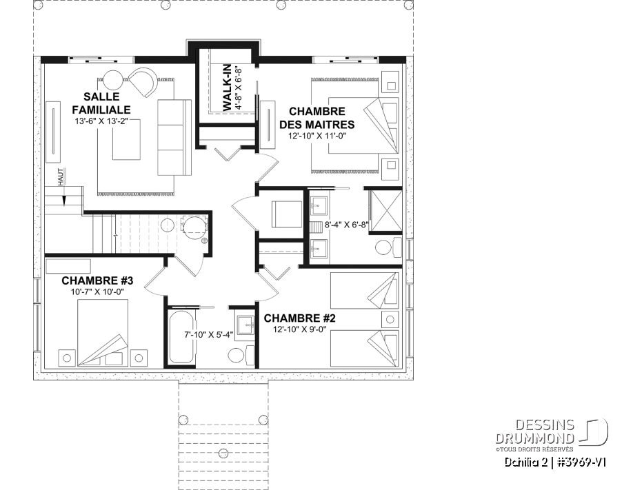 Plan de chalet avec rez-de-jardin Dahilia 2 (#3969-V1) montrant le rez-de-jardin avec suite principale, deux chambres, salle familiale et accès direct à la cour.