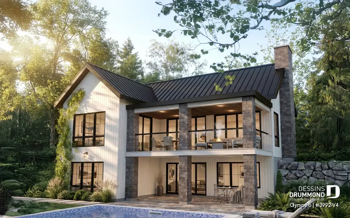 Plan de chalet avec rez-de-jardin Olympe 5 conçu pour un terrain en pente avec grandes terrasses couvertes et vue panoramique.