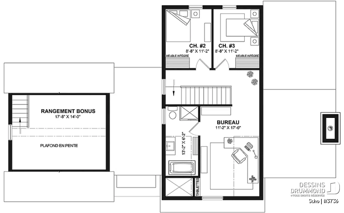 Plan de l'étage du Soho 3736 avec deux chambres, bureau, salle de bain complète et rangement bonus au-dessus du garage